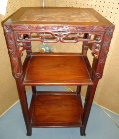  Mahogany Pierced Carved Stand Mahogany oriental style 3 tier pierced carved stand with inset marble top - 32"h. x 16 1/2"w. x 12 1/4"d.