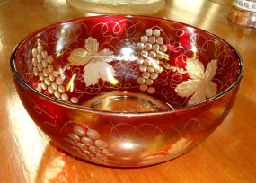  Red Glass Bowl Bohemian Ruby red bowl with cut to clear grape design - 4"h. x 9 3/4 diameter