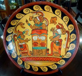  Redware Mayan Style Charger Redware Mayan Style Charger decorated with Mayan scenes, base rim pierced for hanging - 14"diameter