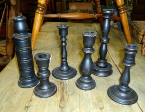  Six Black Wooden Candle Holders Six Black Wooden Candle Holders Height Ranges from 4 1/2" to 9"