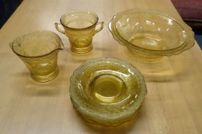  Depression Sugar/Creamer Bowl and Saucers Depression sugar/creamer bowl 2 3/4" x 9" w. and saucers 5 3/4"