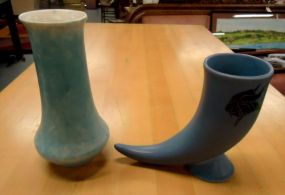  Two Blue Pottery Vases Blue vase with viking 5 3/4"h. & Light blue vase 7 1/4"h.