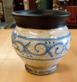  Pottery Jar Black and white pottery jar with blue markings 7"