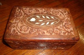  Vintage Floral Carved Wooden Box Vintage floral carved wooden box with white flower inlay 6"w. x 4"d.