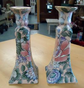  Vintage Oriental Candle Holders Vintage Oriental candle holders. Porcelain w/pink and blue floral designs 8 1/4"