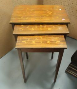  Three Mahogany Nesting Tables Set of three mahogany tulip inlaid nesting tables, largest is 24"h.