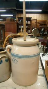  Beige Churn with Blue Rings Beige Churn with blue rings signed Smithville, Ms.