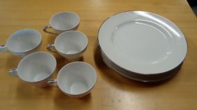  Four Plates & Five Cups Four plates, five cups w/silver trim & white painted flowers