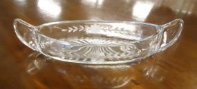 Etched Glass handled Relish Dish Etched Glass handled Relish Dish; 8" l., 3" w.