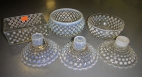  Blue Bump Glass Candles and Dishes Blue Bump Glass Candles and Dishes; three candle holders and three dishes