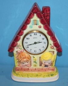  Vintage Linden Porcelain Alarm Clock Possibly Hansel and Gretel, 5"w., 7"h.