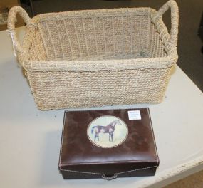  Contemporary Rectangular Two Handle Basket, Leatherette Box with Decal of Horse Contemporary Rectangular Two Handle Basket 15" x 10", Leatherette Box with Decal of Horse 7" x 6".