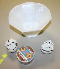  Milk Glass Compote, 2 Small Porcelain Heart Shaped Boxes, and Jar Milk Glass Compote 9" dia., 2 Small Porcelain Heart Shaped Boxes 2", and round 4"dia. Jar.