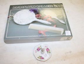  Silverplate Dresser Set and Porcelain Ring Holder Silverplate Dresser Set and Porcelain Ring Holder