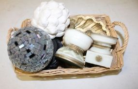  Basket of Miscellaneous Items Plastic ball, candlesticks, Shell ends to drapery rods, vase stand.