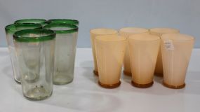  Set of Six Pink Opalescent Glasses, Five Clear Glasses with Green Rim Set of six glasses 5" h.