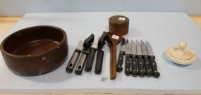  Ice Bucket, Knives, Wooden Spoons and Bowl, Can Opener, Coasters