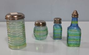  Four Piece Set of Green/ Yellow Glass Sugar, Vinegar, Shakers