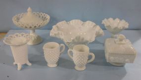  Collection of Milk Glass Consisting of Compote, Bowl, Covered Dish, Vases, Sugar/ Creamer Bowl 10"