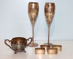  Made in China Pair Tulip Design Silverplate Wine Glasses, Four Plated Napkin Rings, Silverplate Sugar Bowl