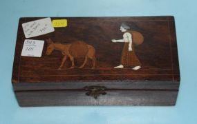  Wood Box with Inlay Men and Donkey Body, feet of man is ivory ; 8" w., 4" d.