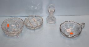  Cut Glass Dish, Footed Dish, Perfume Bottle, Nappi Cut glass dish missing handles; Footed dish 5 1/2" dia.
