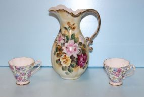  Two Royal Standard Cups, Hand Painted Pitcher Cups, one cracked; pitcher 9 1/2" h.