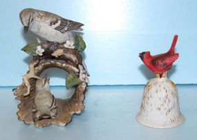  Homco Porcelain Figurine of Birds, Redbird Porcelain Bell Figurine of birds 6 1/2" h.