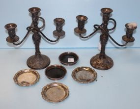  Pair Silverplate Three Arm Candlesticks Coasters 10" w., 10" h.