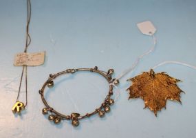  Chain with Letter R Silver tone Bracelet with Small Bell Tassels Gold leaf pendant