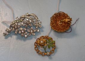  Vintage Rhinestone Pin, Spection One Pin, Floral Gold and Enamel Pin