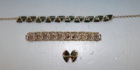  Green and Gold Necklace/ Earrings and Rhinestone Bracelet