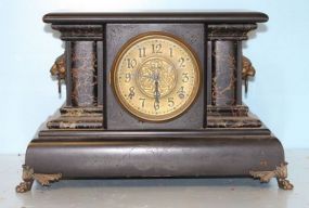  Victorian Wood Mantel Clock Painted black and faux grain mantel clock with brass lions head rings and paw feet; missing pendulum
