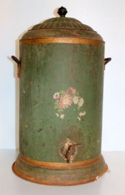  Antique Watercolor Painted green tin watercooler with zinc liner; 25" h., 12" dia.