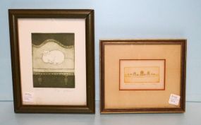  Limited Edition Print of Cat & "Bird Family" Limited Edition Print Both signed Tom C. Kilbon; Cat- 90/150 8 1/4" w., 10 1/4" h.; Bird Family- 10/100 8 1/2" w., 7 1/2" h.