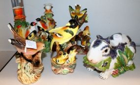  Porcelain Covered Top Rabbit, Three Bird Figurines & Pair Candlesticks Rabbit has broken ears; Birds 6" h.; Candlesticks 7" h.