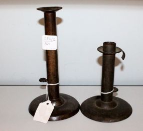 Two Pushup Metal Candlesticks 5 1/2" h., 7" h.