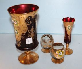  Two Vintage Moser Type Glass Pieces, Two Vases & Two Cups Cups 4" h.