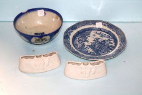  Early Blue Willow Plate, Early Bowl & Two German Bisque Pieces Plate has age crack on back, 9 1/2"; Bowl has rim chip 7" dia.