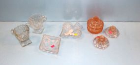  Group of Various Glass Pieces Including candlesticks, jar, creamer, sugar, two nut dishes