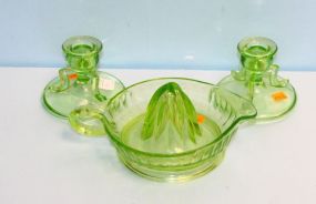  Green Depression Glass Juicer and Pair 3"h. Candlesticks