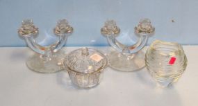  Pair of Glass Candlesticks, Swirl Vase, and Covered Jar