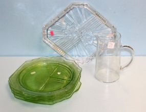  Glass Pitcher, Clear Glass Tray, Four Green Depression Glass Plates