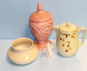  Pottery Pitcher, Bowl, Covered Candy Dish, and Cup