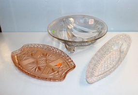  Footed Etched Glass Bowl 8"dia., Clear Relish, and Pink Tray