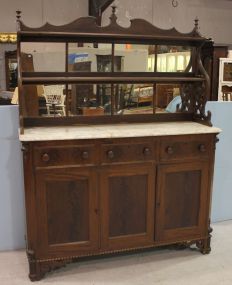 Has eterge mirrored top, marble is broken; 59" w., 76" h., 19" d.