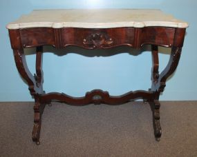 1840 Empire mahogany vanity or dressing table base, scroll Rococo legs with stretcher, center drawer and cookie corner marble top; 33 1/2" w., 19" d., 29" h.