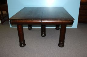 19th century square oak dining table with three leaves, unusual round legs with carved claw feet; 48" sq.; three leaves, 12" ; 29 1/2" h.