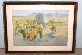 Print of Indians Attacking Pioneers from Original Done by Remington