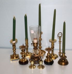 Nine Various Size Brass Candlesticks & Brass Lamp